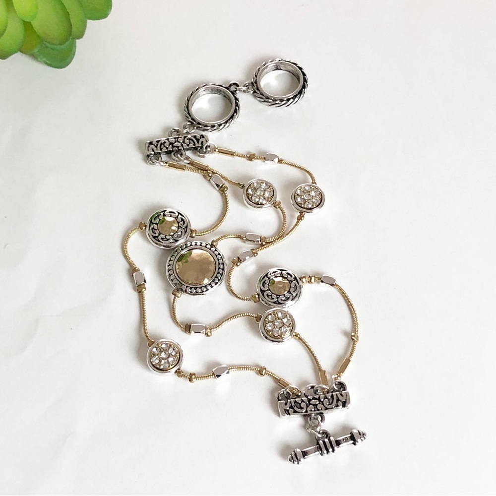 Three Stranded Silver and Gold Tone Beaded Adjustable Bracelet - Picture 1 of 16
